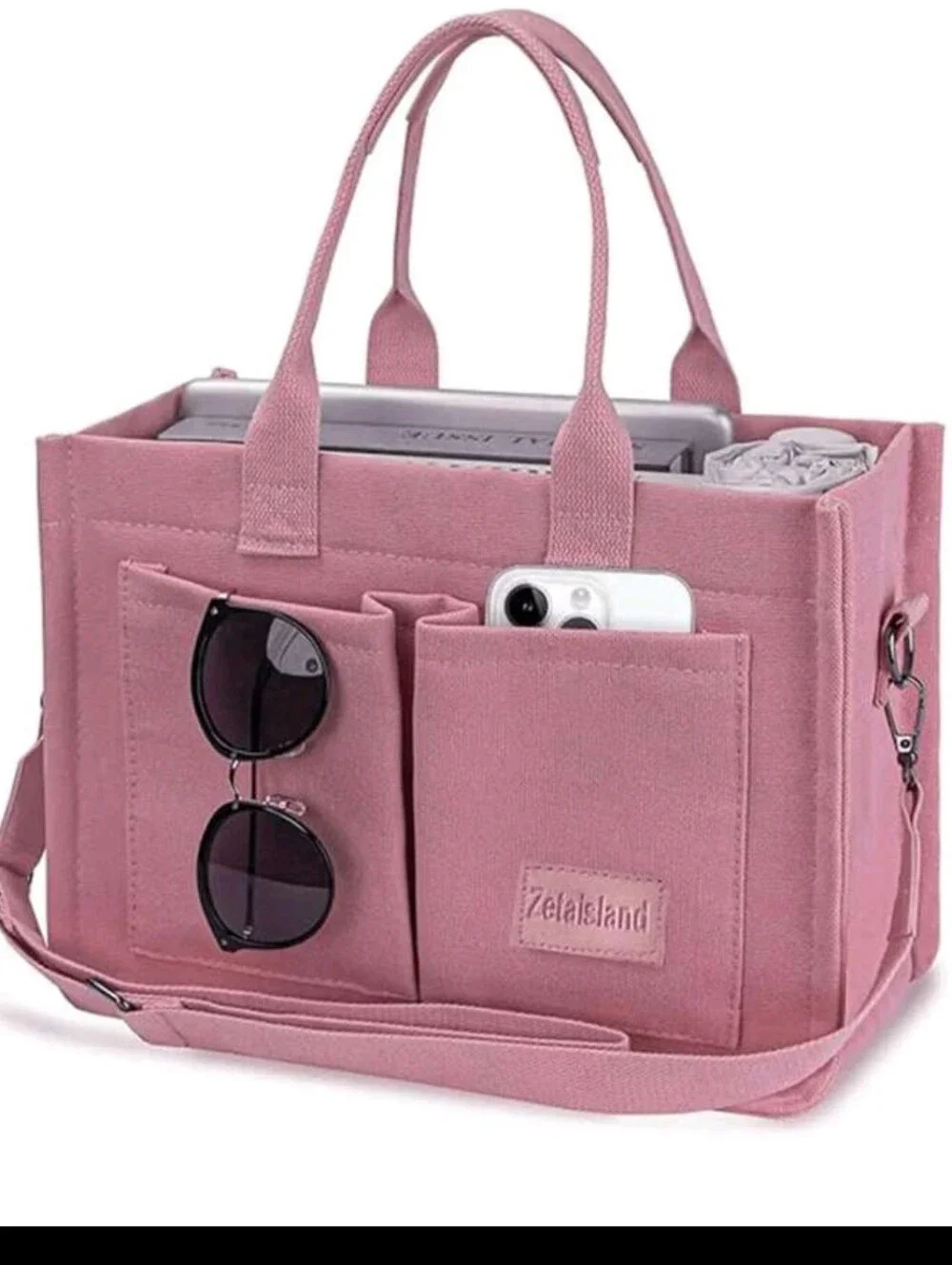 Pink Canvas Tote Bag Versatile Stripes Hobo Shoulder Bag, MultiCompartments